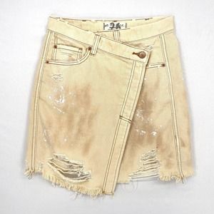 Free People We The Free Women's Destroyed Denim Wrap Skirt Cream Beige Size US26